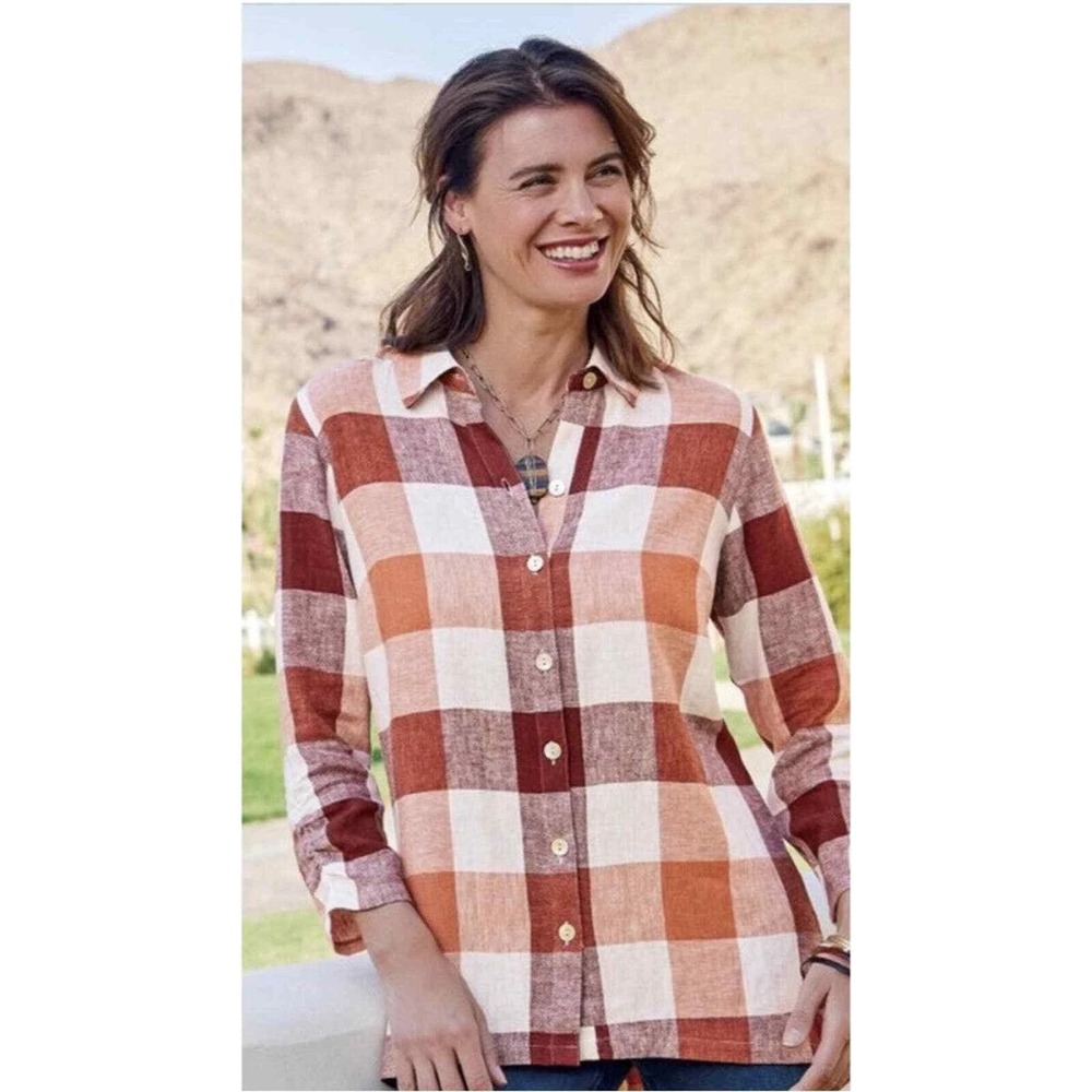 Soft Surroundings Womens Carreaux Linen Plaid Shirt Small Rustic Mango Button Up
